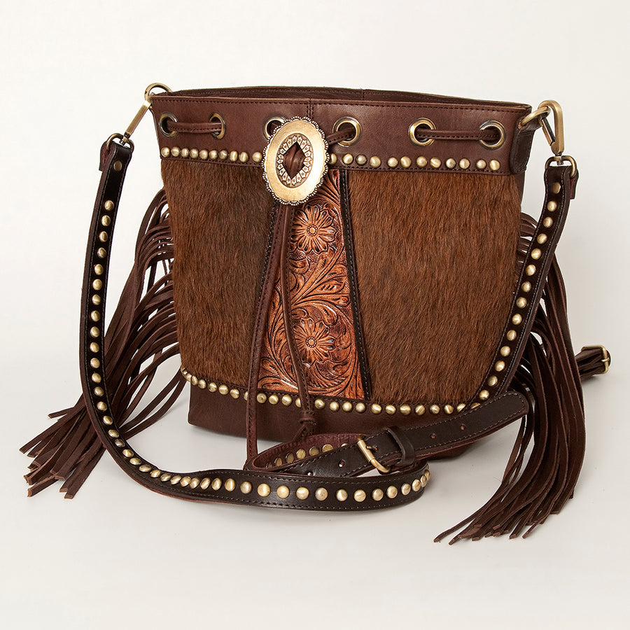 American Darling Bucket Hand Tooled Hair-On Genuine Leather Women Bag Western Handbag Purse - Uhorse