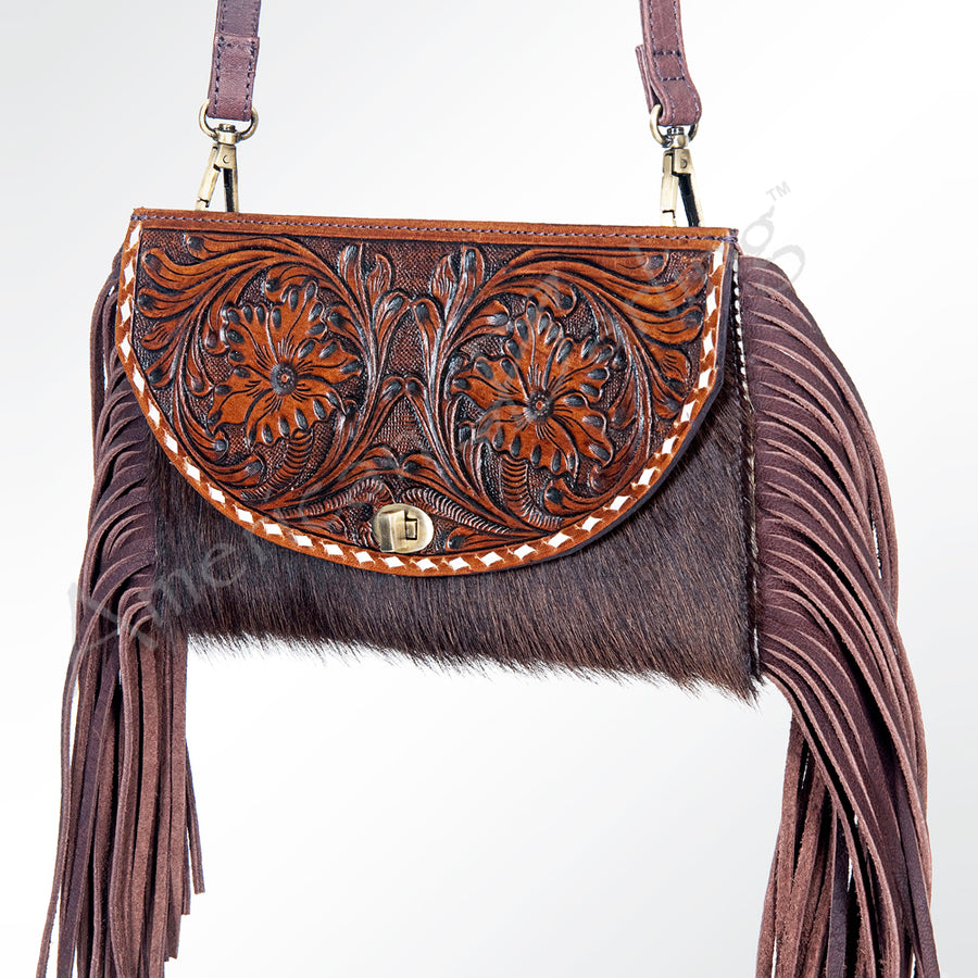 American Darling Hand-Tooled Floral Small Cross body Bag with Fringes and Cowhide - Uhorse