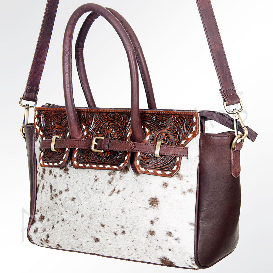 Brown and white cowhide leather tote bag with tooled trim - Uhorse