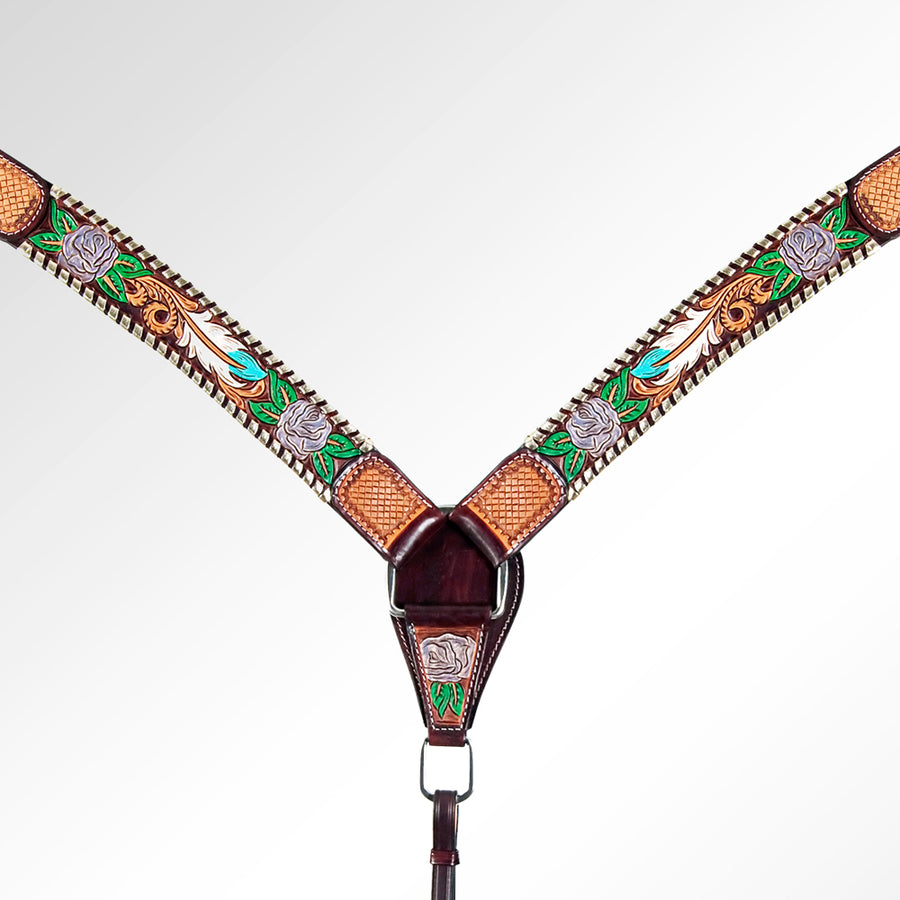 Burgundy leather breast collar with tooled floral design - Uhorse