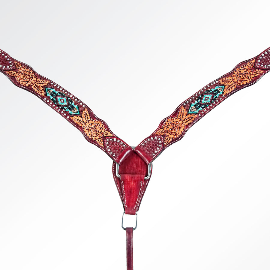 Burgundy leather breast collar with tooled floral design - Uhorse