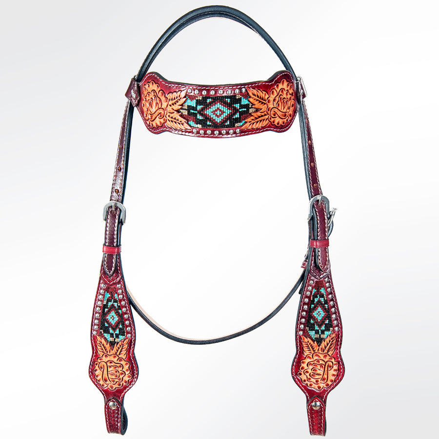Burgundy leather headstall with beaded tooled browband - Uhorse