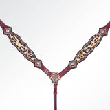 Burgundy leather breast collar with leopard print inlay - Uhorse