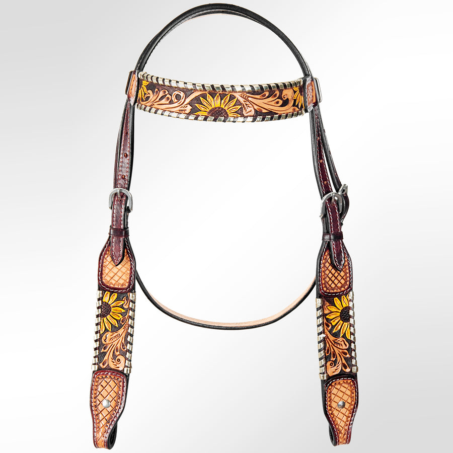 Leather western headstall with tooled floral design - Uhorse