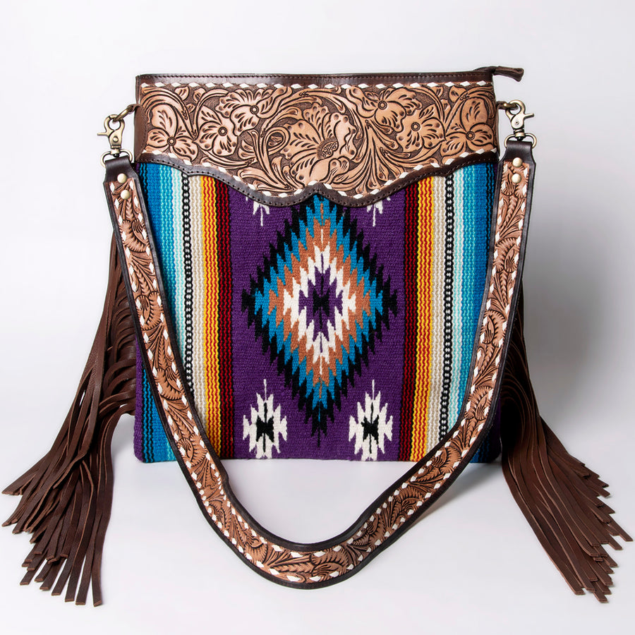 American Darling Cross body Bag Western Hand Tooled Floral Genuine Leather with Hand Woven Saddle Blanket and Fringes
