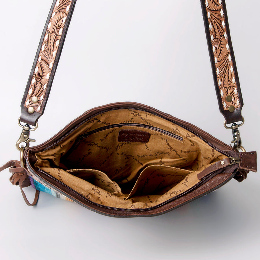American Darling Cross body Bag Western Hand Tooled Floral Genuine Leather with Hand Woven Saddle Blanket and Fringes