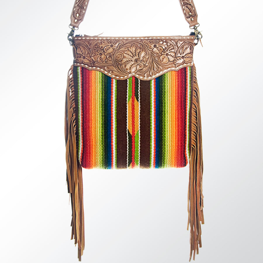 American Darling Cross body Bag Western Hand Tooled Floral Genuine Leather with Hand Woven Saddle Blanket and Fringes