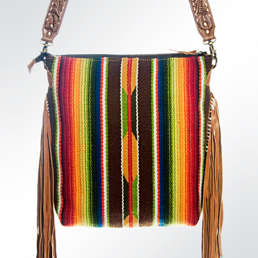 American Darling Cross body Bag Western Hand Tooled Floral Genuine Leather with Hand Woven Saddle Blanket and Fringes