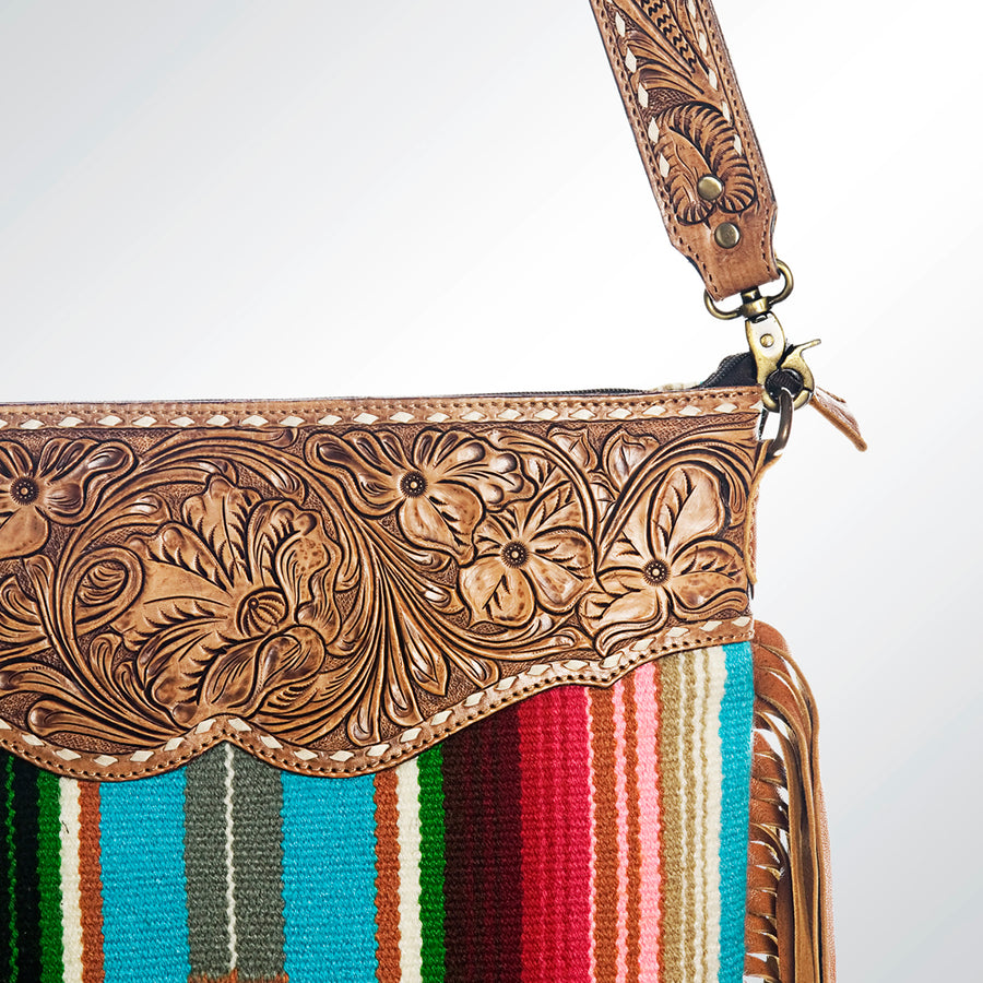 American Darling Cross body Bag Western Hand Tooled Floral Genuine Leather with Hand Woven Saddle Blanket and Fringes