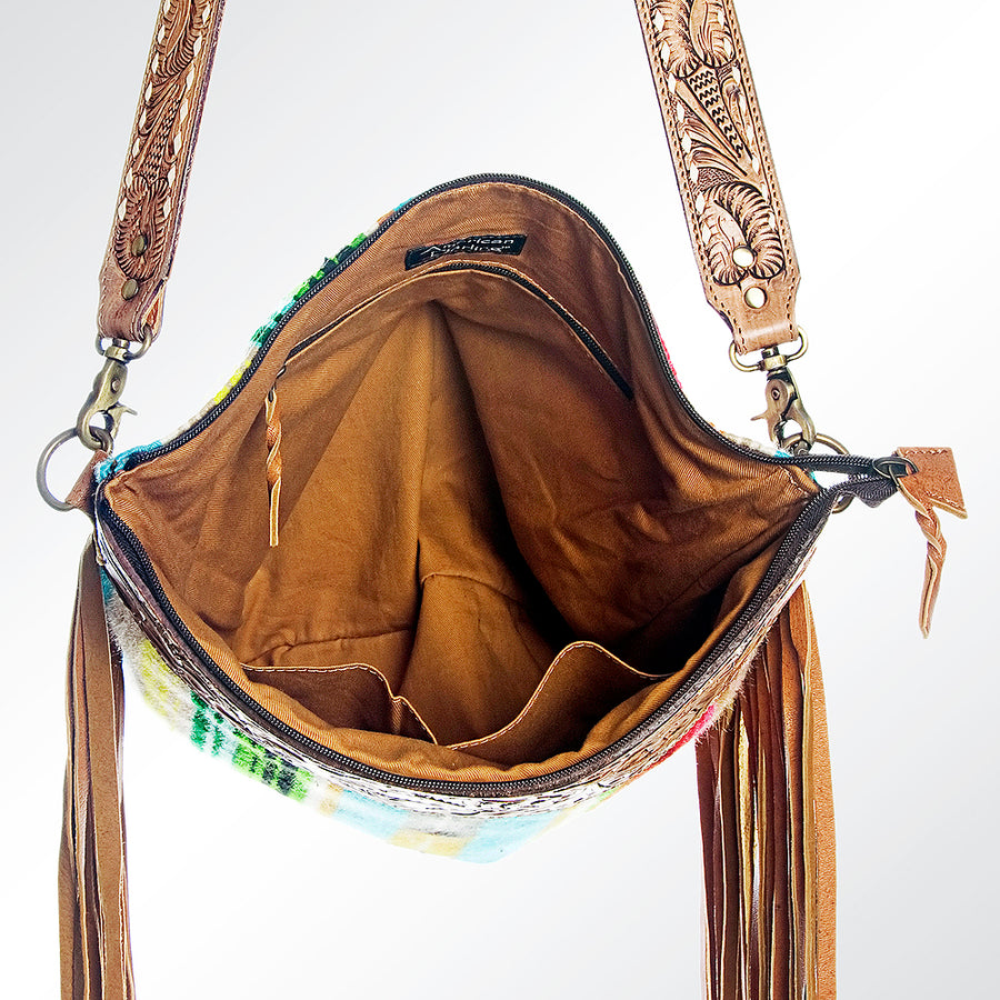 American Darling Cross body Bag Western Hand Tooled Floral Genuine Leather with Hand Woven Saddle Blanket and Fringes