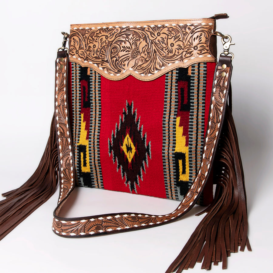 American Darling Hand Tooled Western Leather Large Cross body Bag with Fringe - Uhorse