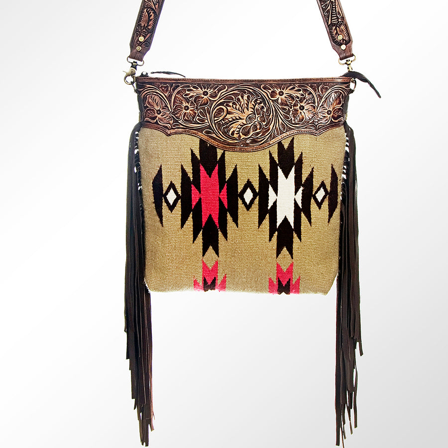 American Darling Large Cross body Bag, Hand Tooled Floral Leather & Woven Saddle Blanket Purse with Fringe and YKK Zipper