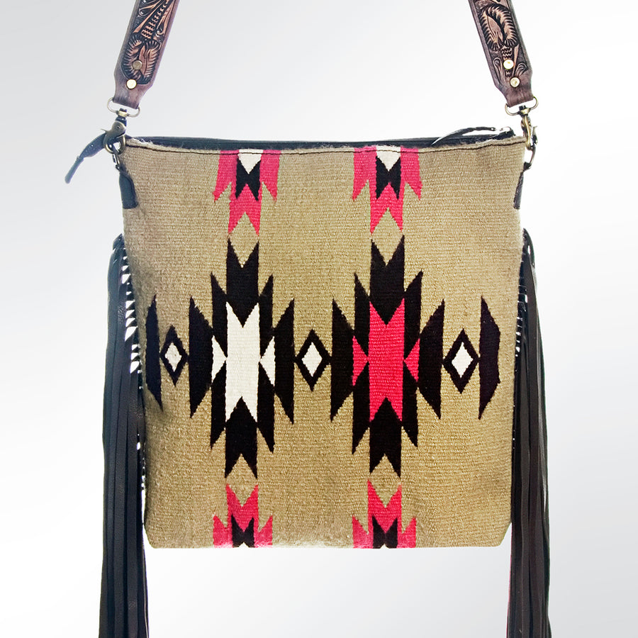 American Darling Large Cross body Bag, Hand Tooled Floral Leather & Woven Saddle Blanket Purse with Fringe and YKK Zipper