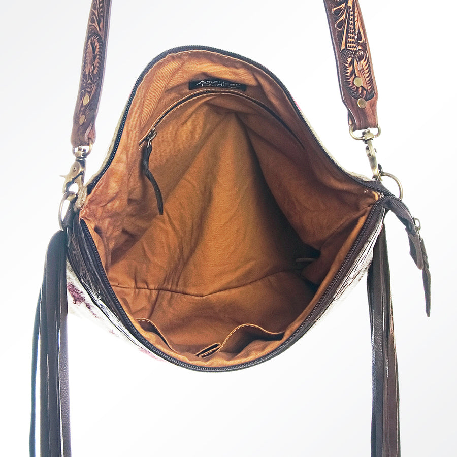American Darling Large Cross body Bag, Hand Tooled Floral Leather & Woven Saddle Blanket Purse with Fringe and YKK Zipper