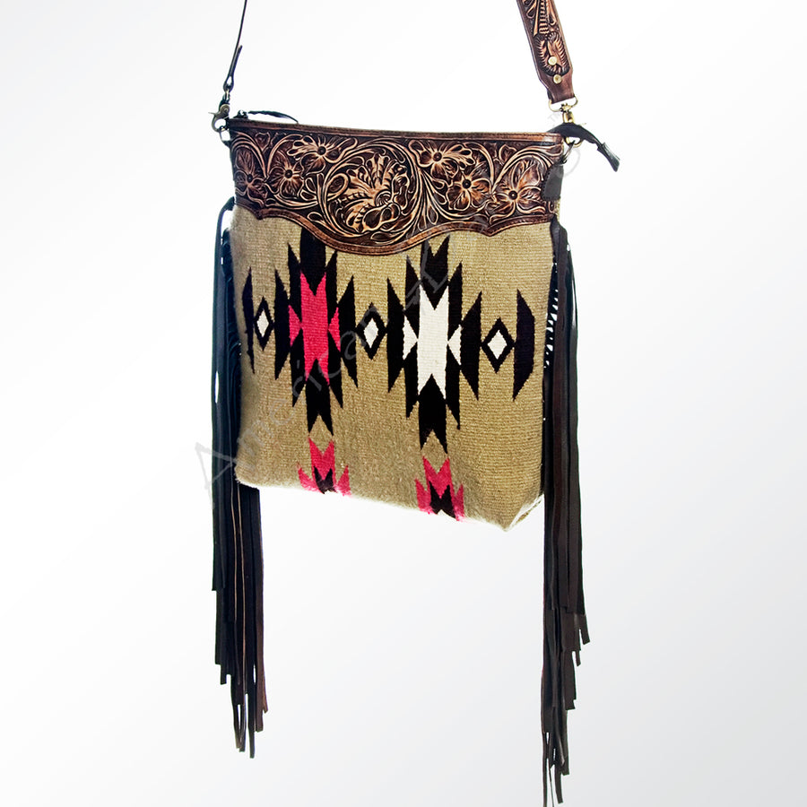 American Darling Hand Tooled Western Leather Large Cross body Bag with Fringe - Uhorse