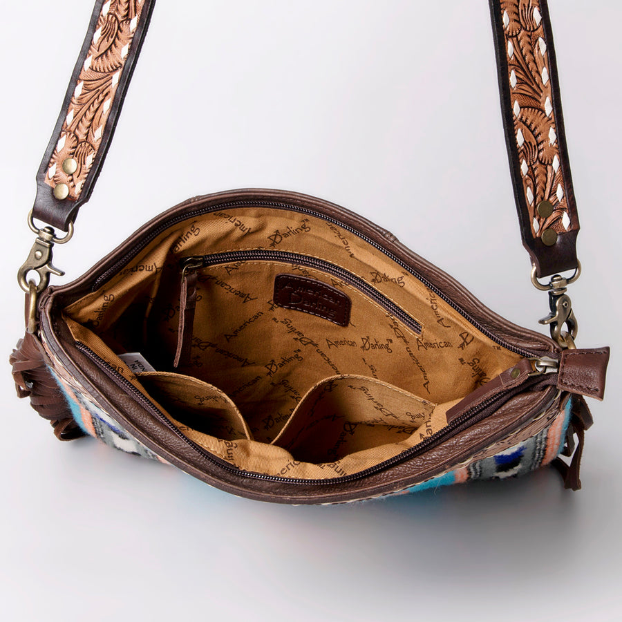 American Darling Large Cross body Bag, Hand Tooled Floral Leather & Woven Saddle Blanket Purse with Fringe and Buck Stitching