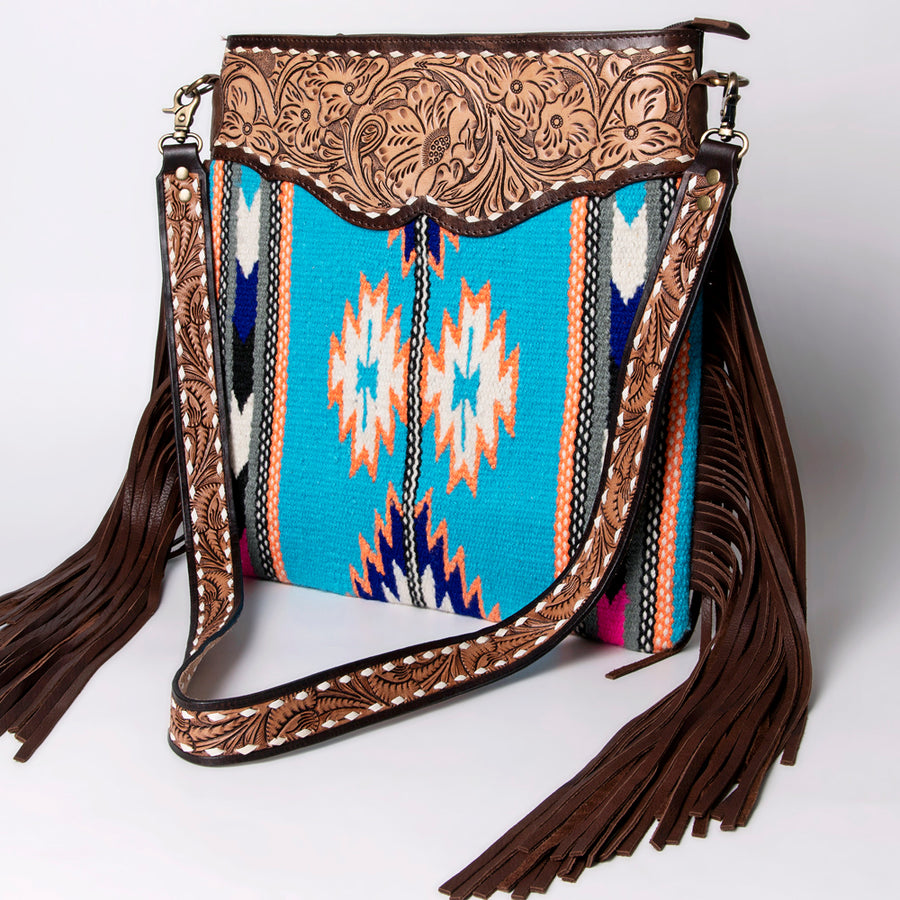 American Darling Hand Tooled Western Leather Large Cross body Bag with Fringe - Uhorse