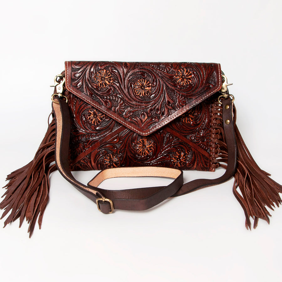 American Darling Large Cross body Bag, Hand Tooled Floral Leather & Woven Saddle Blanket Purse with Fringe and Buck Stitching