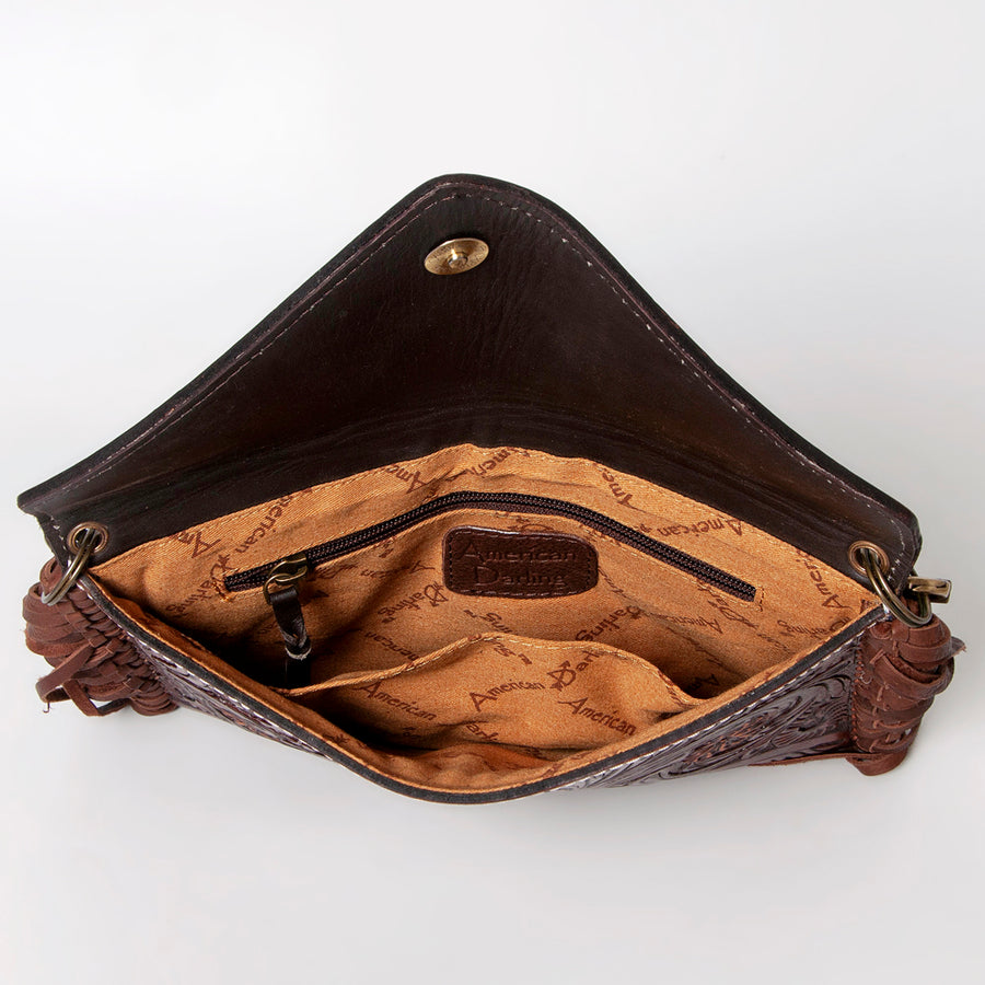 American Darling Large Cross body Bag, Hand Tooled Floral Leather & Woven Saddle Blanket Purse with Fringe and Buck Stitching