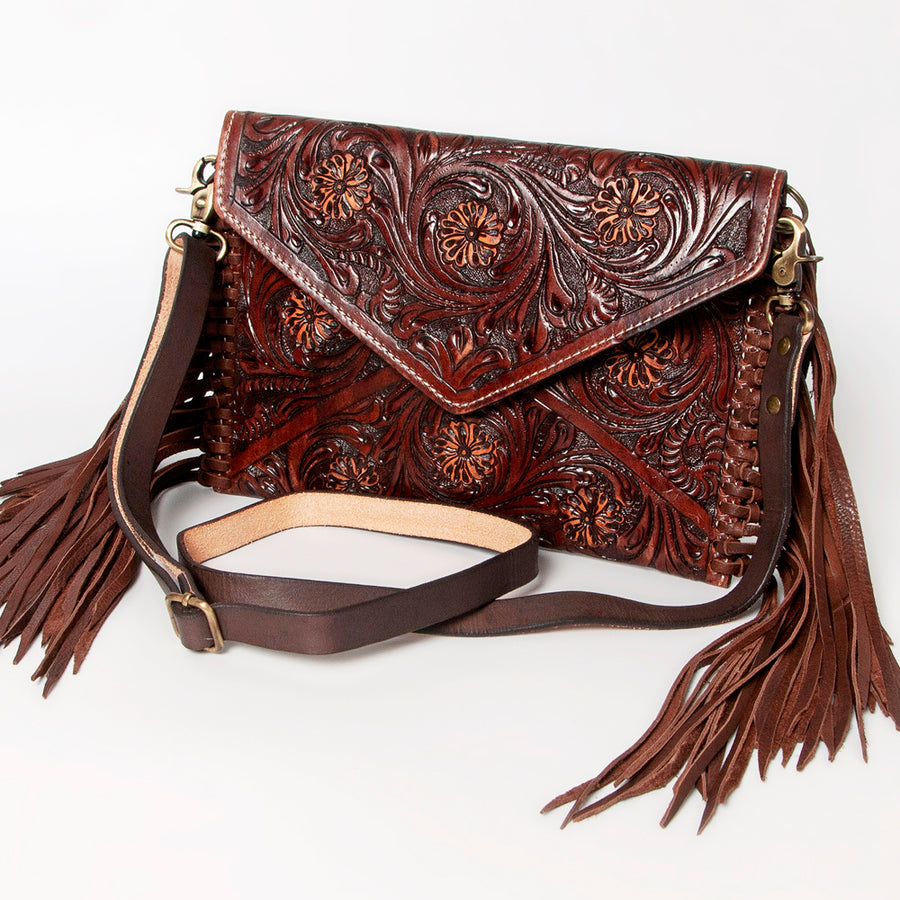 American Darling Hand Tooled Western Leather Large Cross body Bag with Fringe - Uhorse