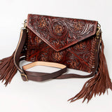 American Darling Large Cross body Bag, Hand Tooled Floral Leather & Woven Saddle Blanket Purse with Fringe and Buck Stitching