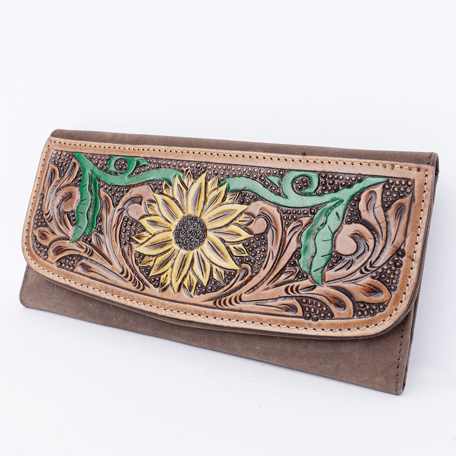 American Darling Hand Tooled Sunflower Wallet - Western Leather Floral Carved Clutch - Uhorse