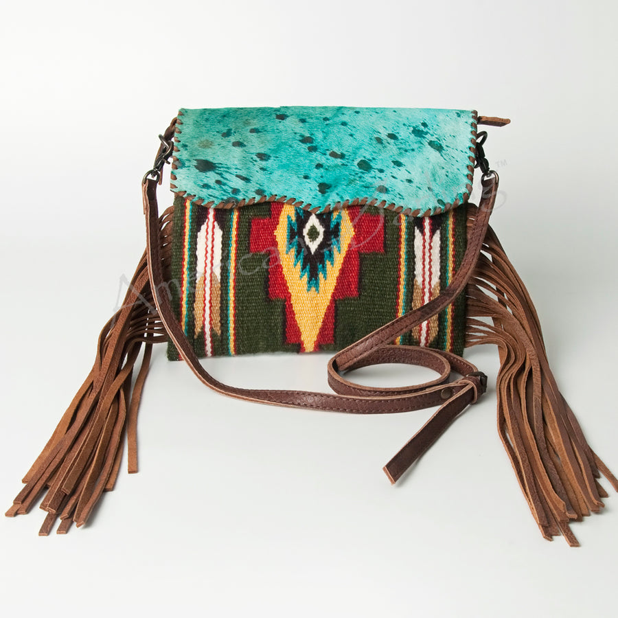 American Darling Cross body Bag Hand Woven Saddle Blanket Hair-On Cowhide Western Purse with Fringes and YKK Zipper