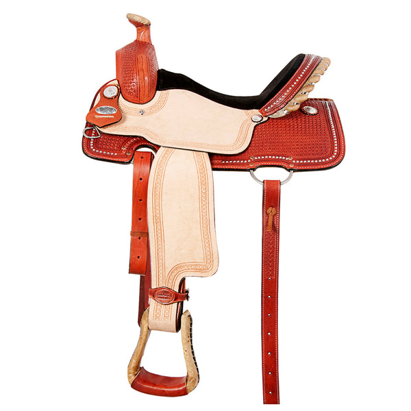 Red and cream leather western saddle with silver conchos - Uhorse