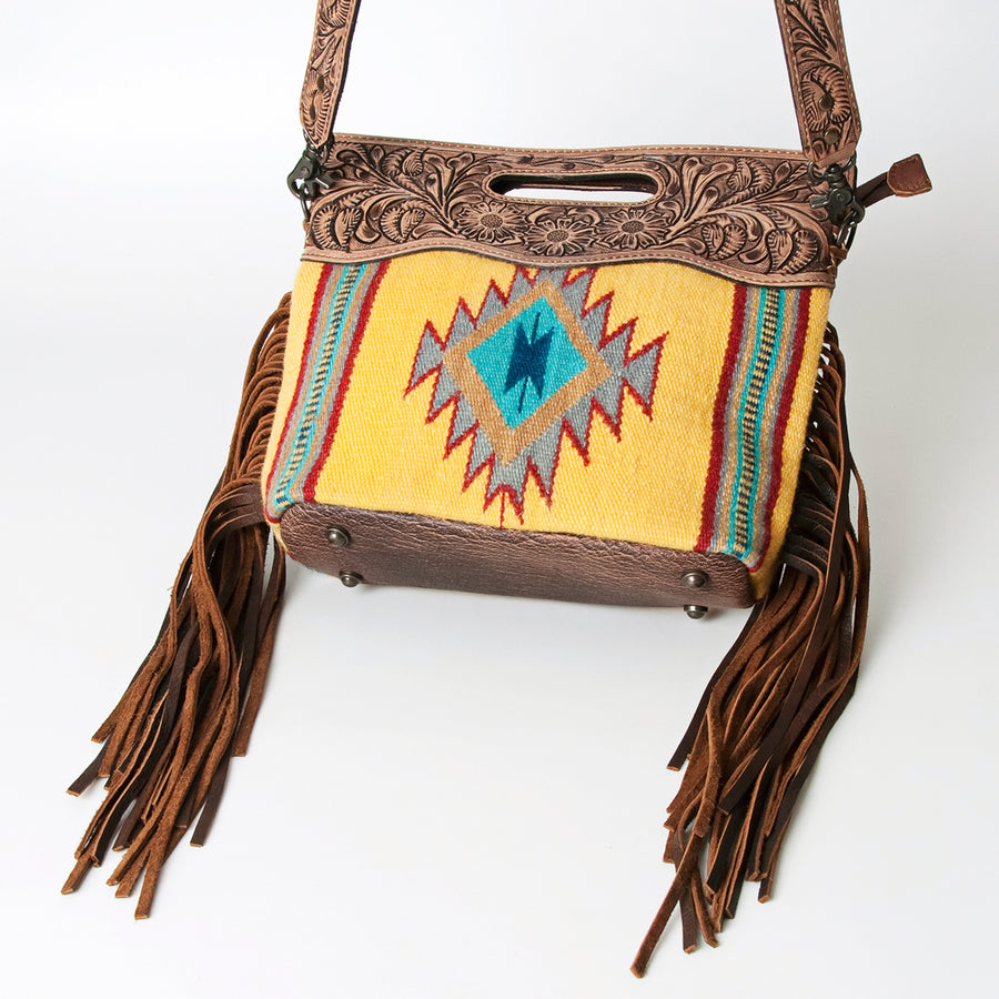 American Darling Western Clutch Bag Hand Tooled Floral Carved Hand Woven Saddle Blanket Leather Crossbody with Fringes