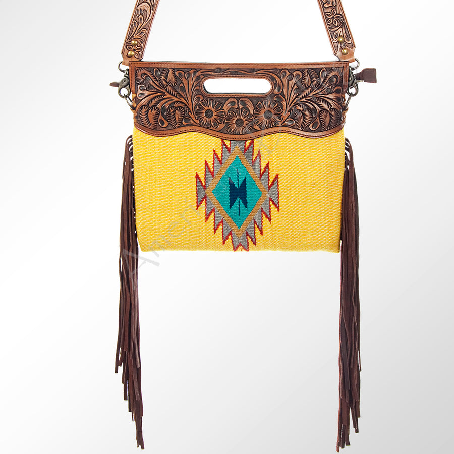 American Darling Western Clutch Bag Hand Tooled Floral Carved Hand Woven Saddle Blanket Leather Crossbody with Fringes