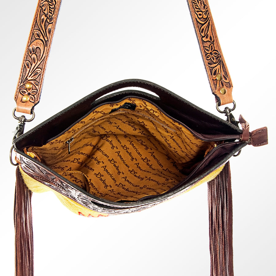 American Darling Western Clutch Bag Hand Tooled Floral Carved Hand Woven Saddle Blanket Leather Crossbody with Fringes