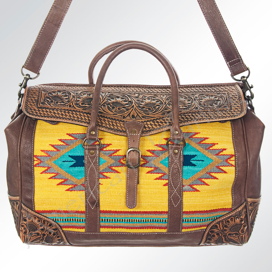American Darling Duffel Bag Hand Tooled Floral Carved Hair-On Cowhide Genuine Vegetable Tanned Leather Travel Bag YKK Zipper