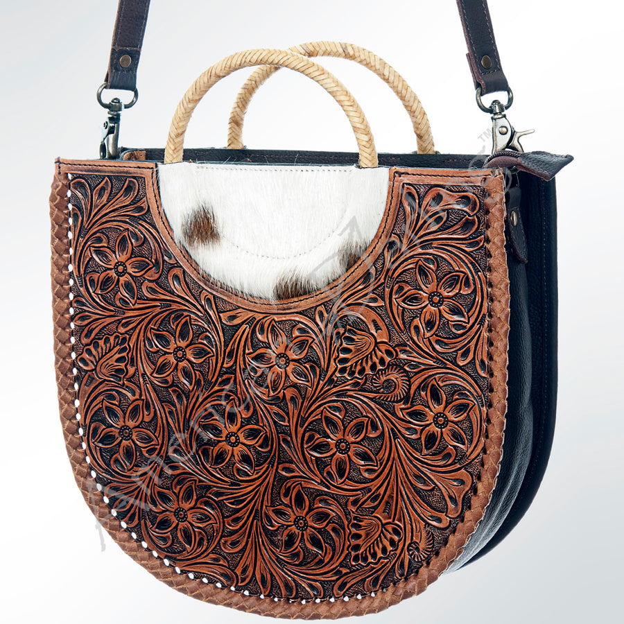 American Darling Hand Tooled Floral Carved and Hair-On Cowhide Western Leather Tote Bag - Uhorse