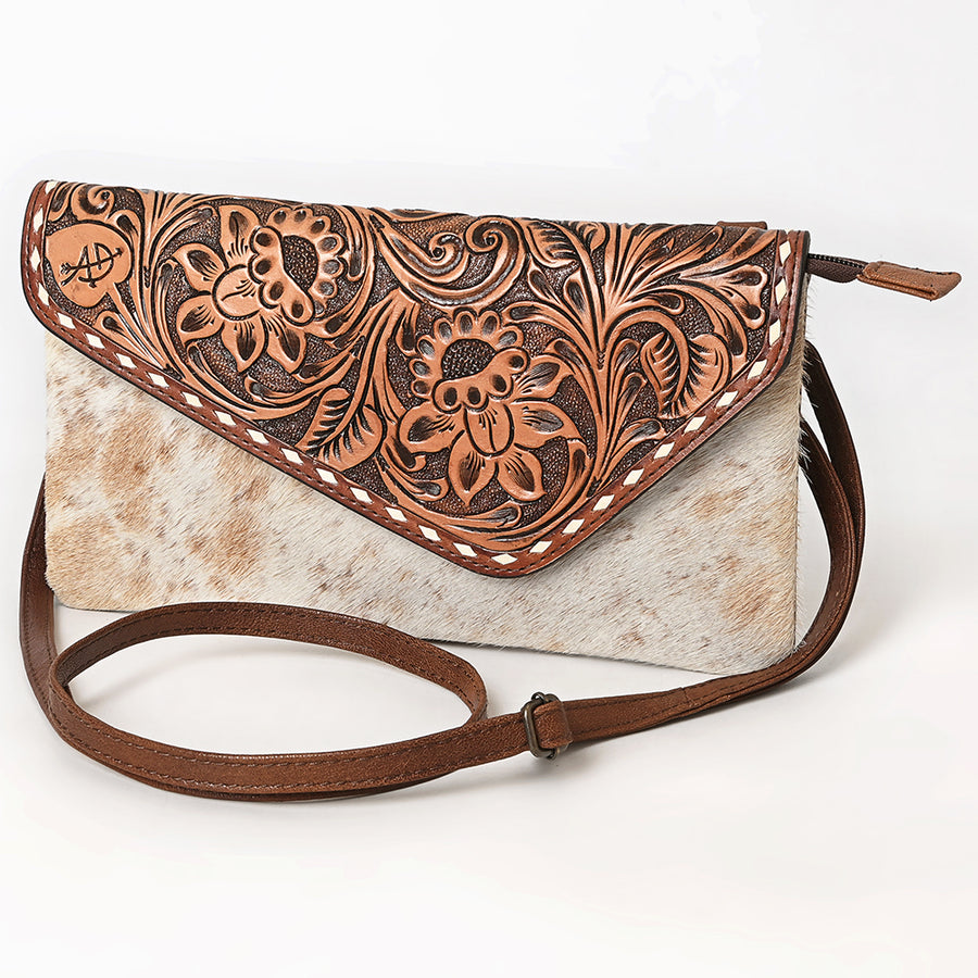 American Darling Hand Tooled Floral Carved and Hair-On Cowhide Western Leather Envelope Bag - Uhorse
