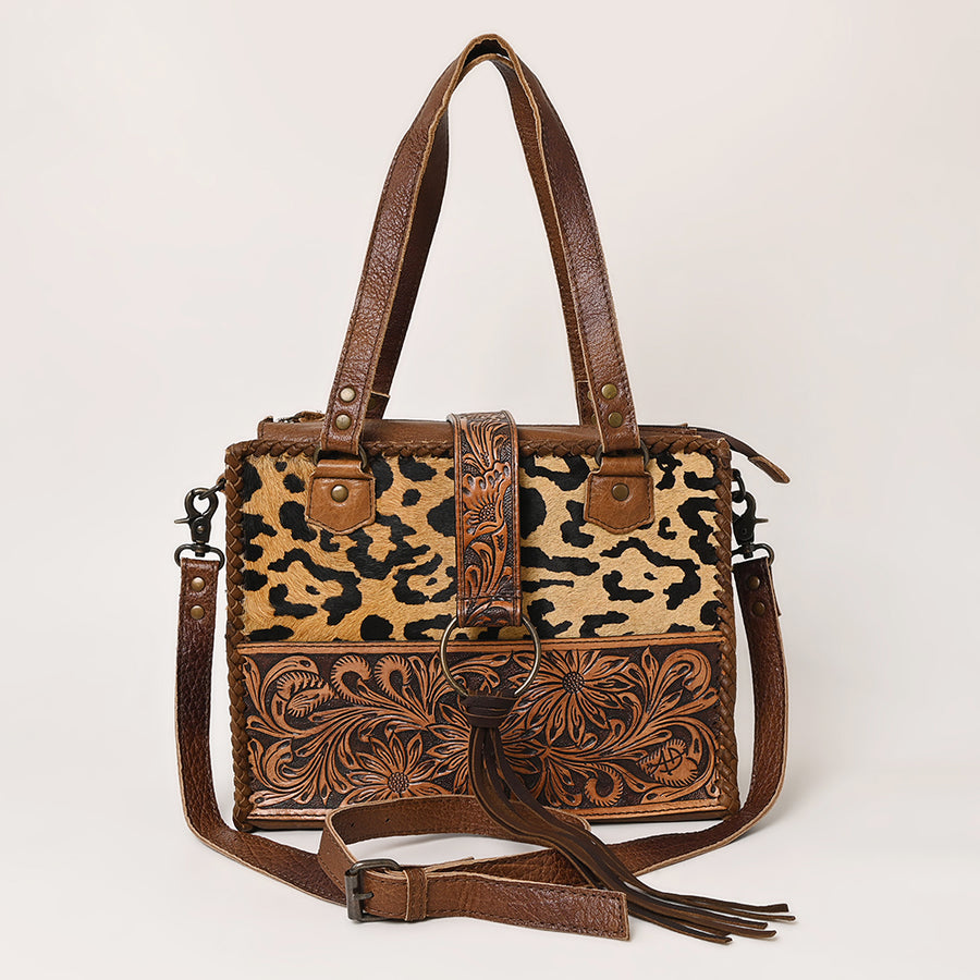American Darling Tote Bag Hand Tooled Floral Carved Cowhide Genuine Leather Western Purse with Braided Trim and YKK Zipper