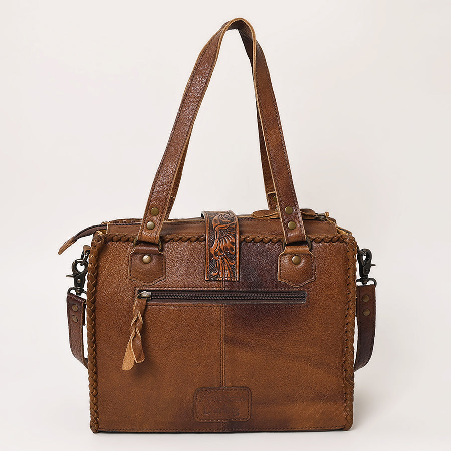 American Darling Tote Bag Hand Tooled Floral Carved Cowhide Genuine Leather Western Purse with Braided Trim and YKK Zipper