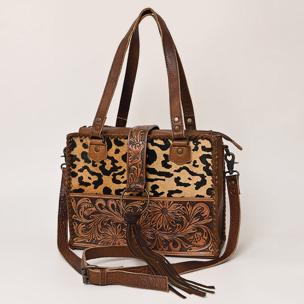 American Darling Hand Tooled Floral Carved and Hair-On Cowhide Western Leather Tote Bag - Uhorse