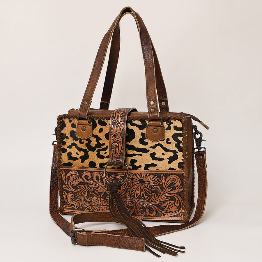 American Darling Hand Tooled Floral Carved and Hair-On Cowhide Western Leather Tote Bag - Uhorse