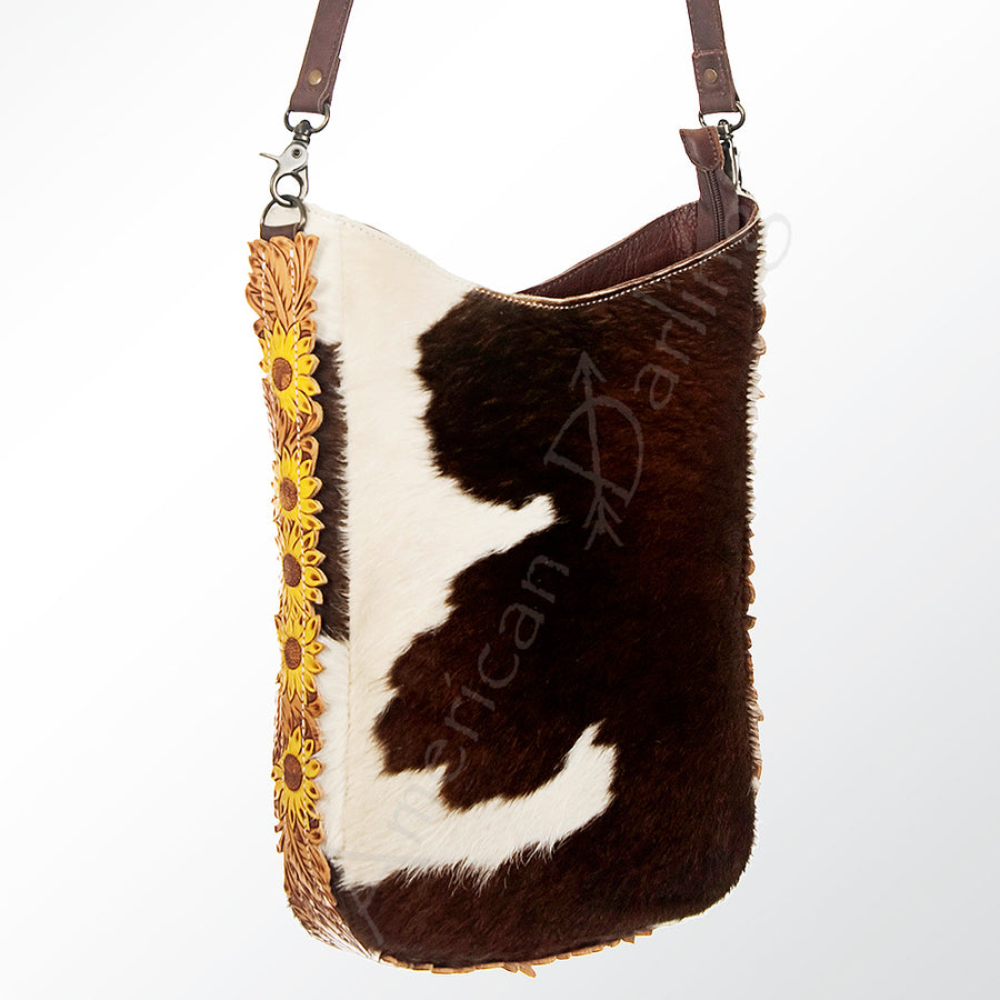American Darling Hand Tooled Floral Carved and Hair-On Cowhide Western Cross body Bag - Uhorse