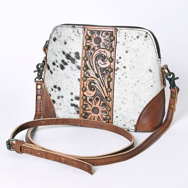 American Darling Hand Tooled Floral Carved and Hair-On Cowhide Western Cross body Bag - Uhorse