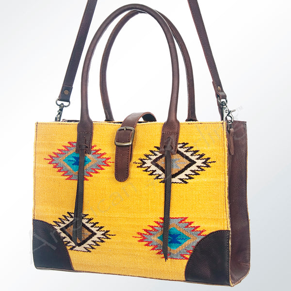 American Darling Hand Woven Saddle Blanket Western Leather Tote Bag with Tassels - Uhorse
