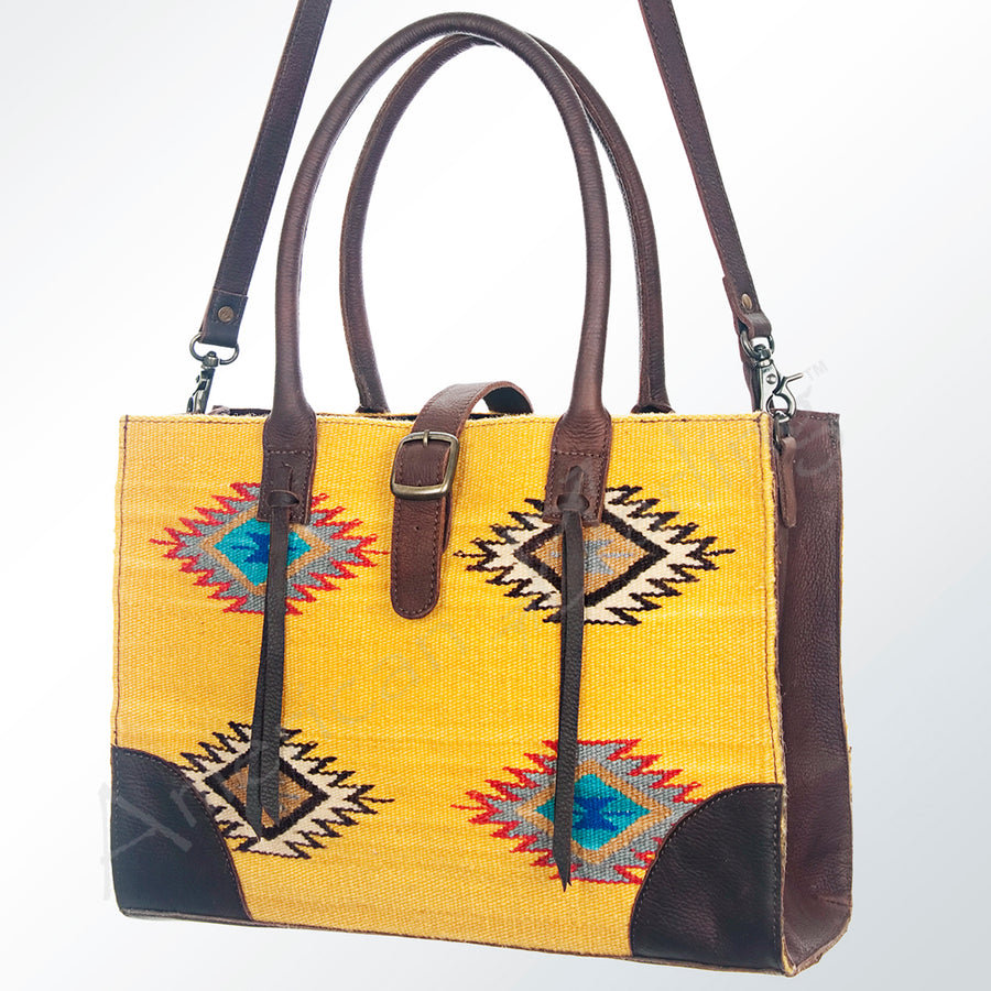 American Darling Hand Woven Saddle Blanket Western Leather Tote Bag with Tassels - Uhorse