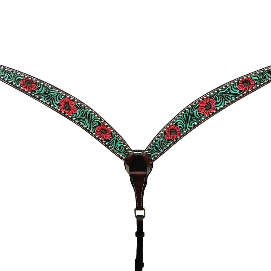 Tooled leather breast collar with floral pattern and black hardware - Bar H Equine