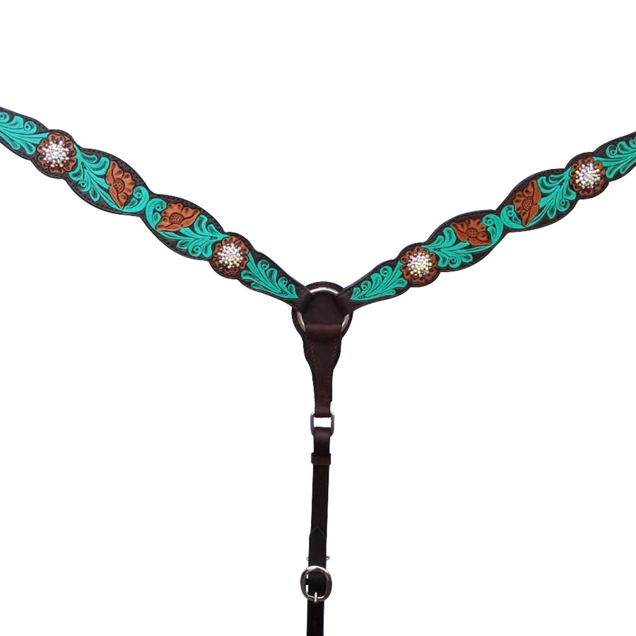 Turquoise tooled leather breast collar with conchos - Bar H Equine