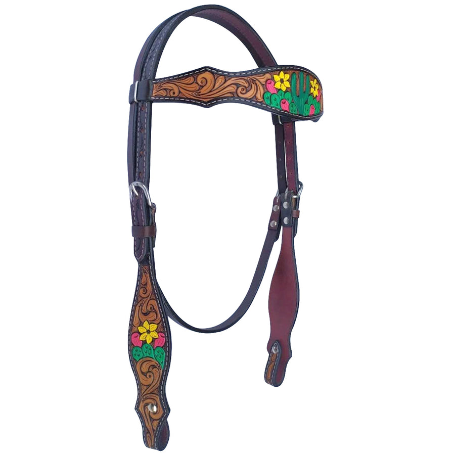 Bar H Equine American Leather Horse Saddle Tack Headstall | Browband Headstall Tropical Cacti Daffodil Collection - Uhorse