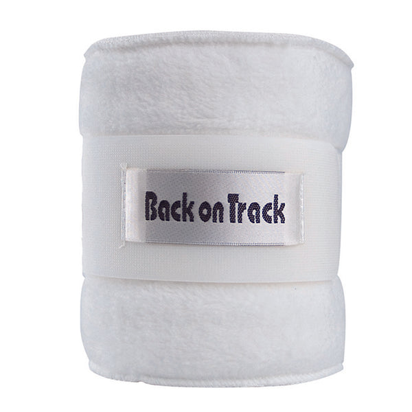 White fleece leg wrap with "Back on Track" label - Uhorse