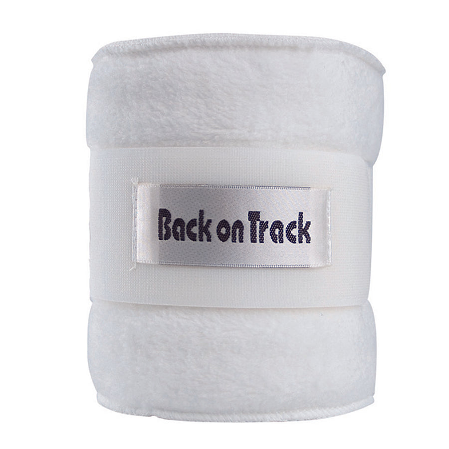 White fleece leg wrap with "Back on Track" label - Uhorse