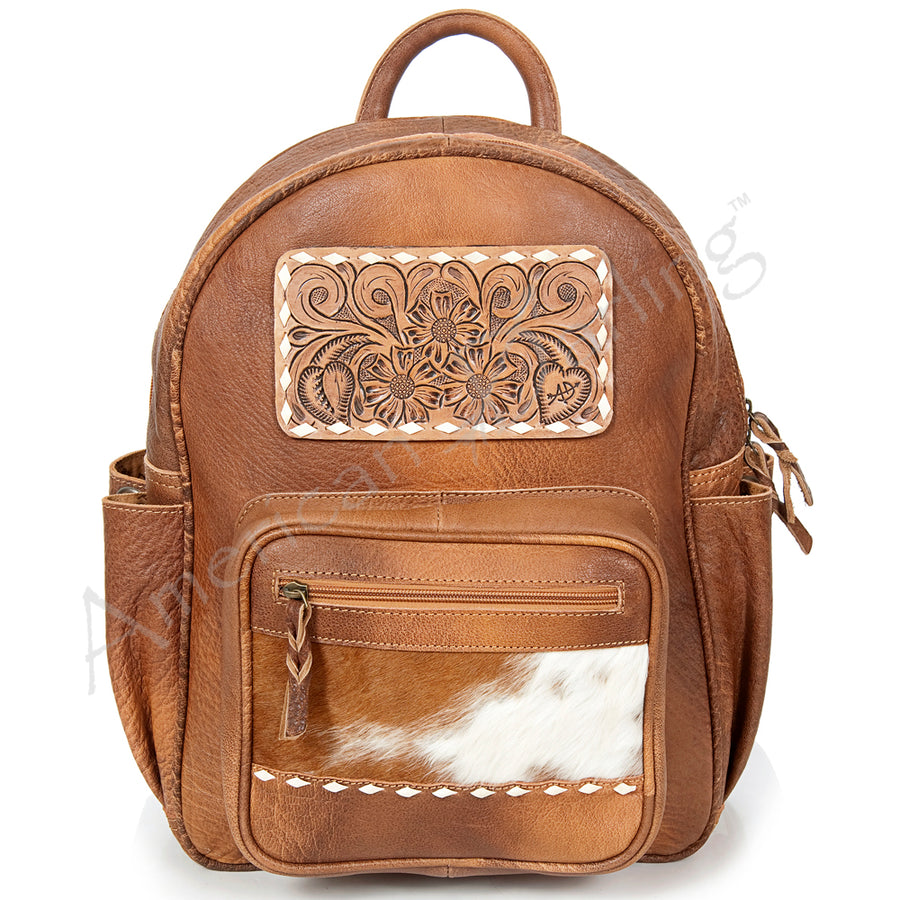 American Darling Backpack Bag Hand Tooled Floral Carved Panel Cowhide Genuine Leather Western Travel Bag with YKK Zipper