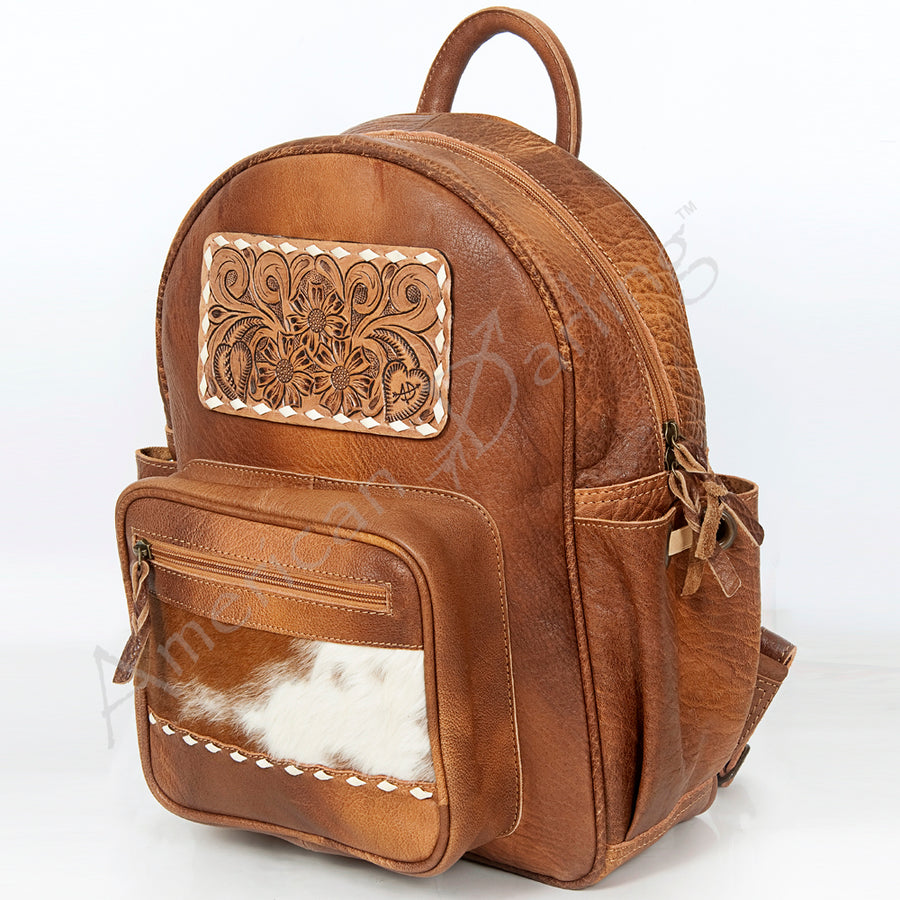 American Darling Hand Tooled Floral Carved and Hair-On Cowhide Western Backpack Bag - Uhorse