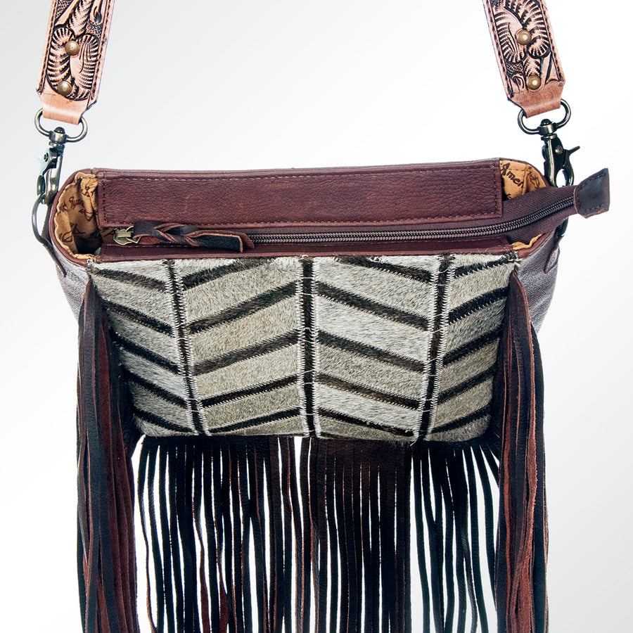 American Darling Large Cross body Bag Hair-On Cowhide Genuine Leather Western Purse with Fringes and Tooled Strap